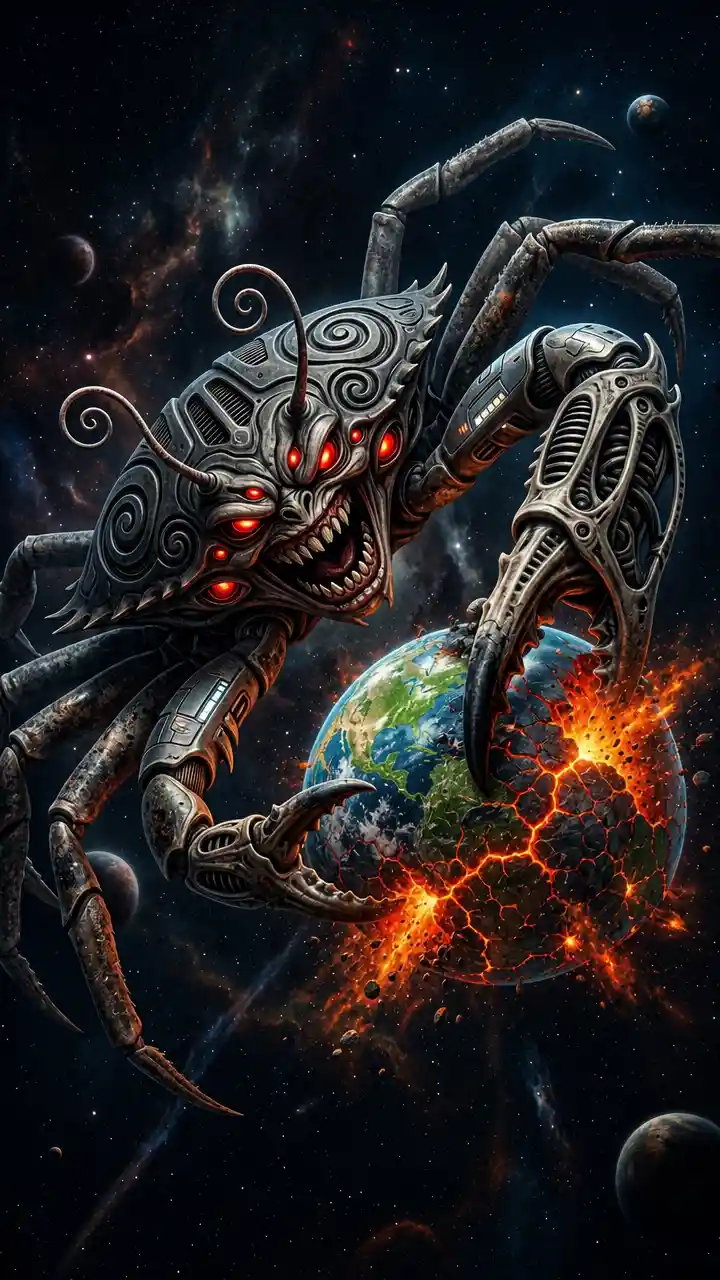 Gigantic Cosmic Crab Crushing A Planet In Outer Space