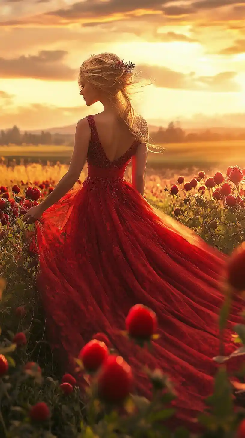 Woman in red strawberry dress at sunset landscape