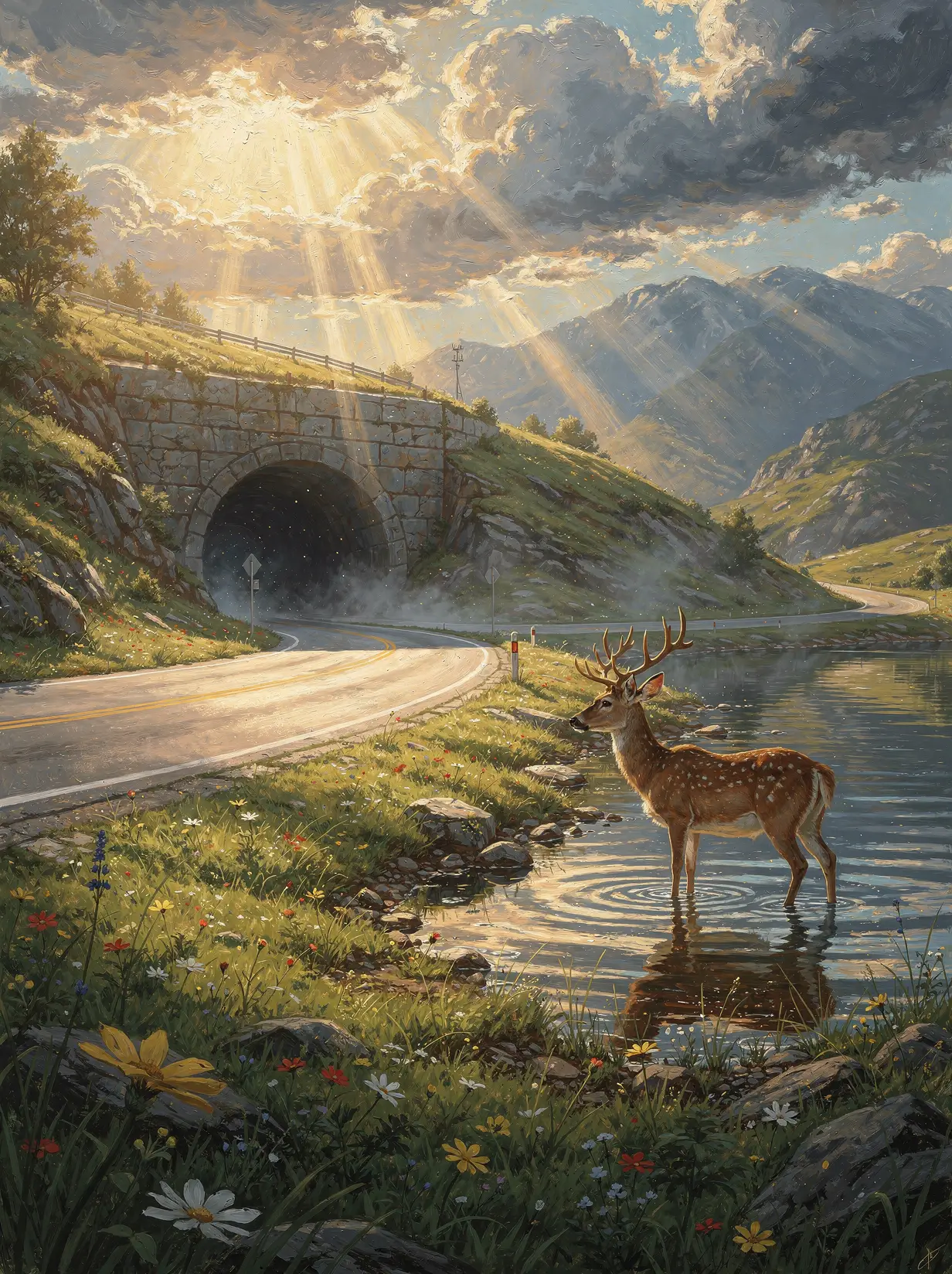 Wide countryside road with deer by a sunlit tunnel