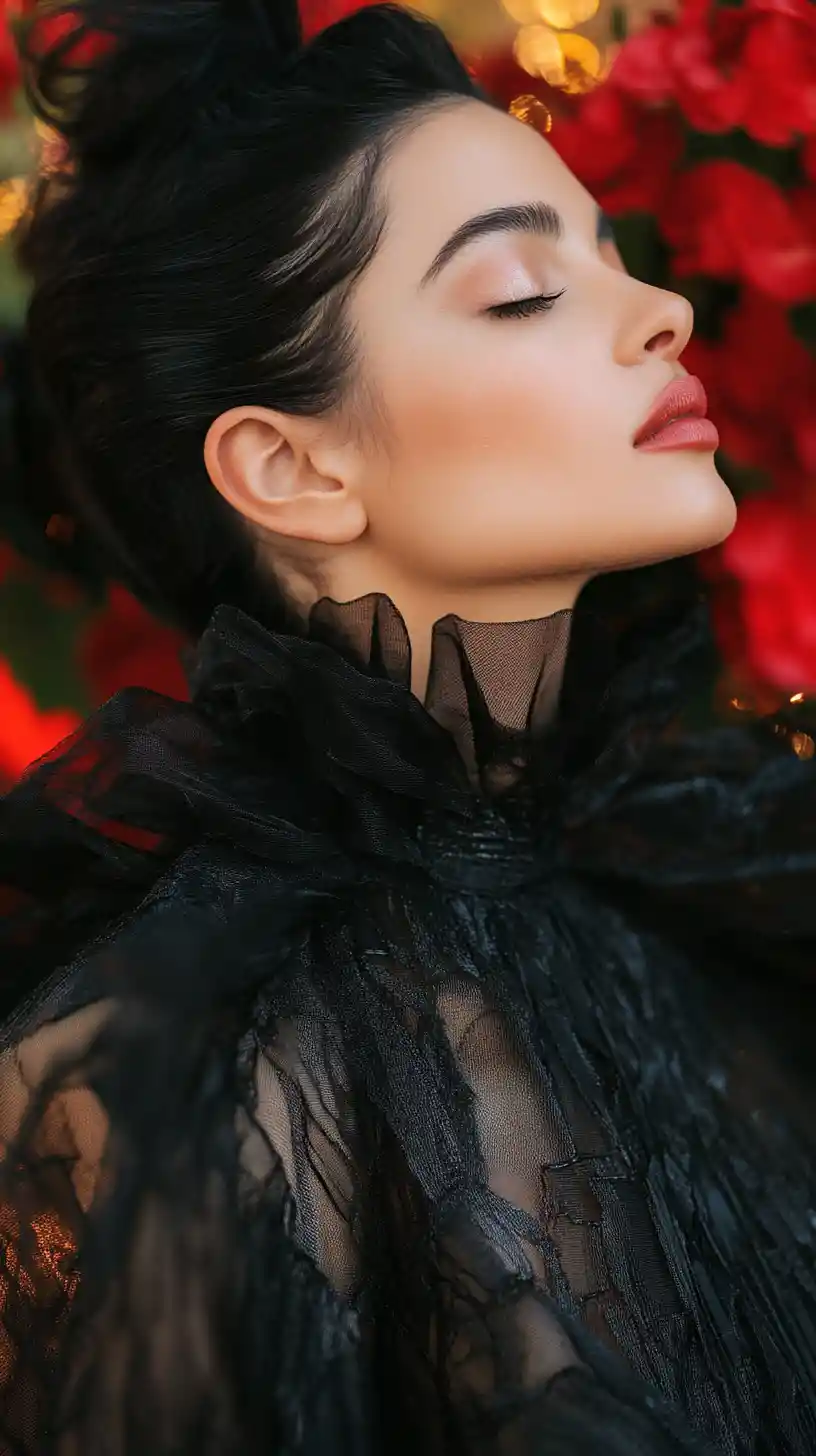 Brazilian woman in black couture coat with closed eyes