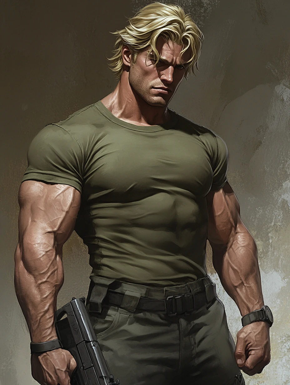 Hypermuscular Blonde Man With Pistol In Olive T Shirt