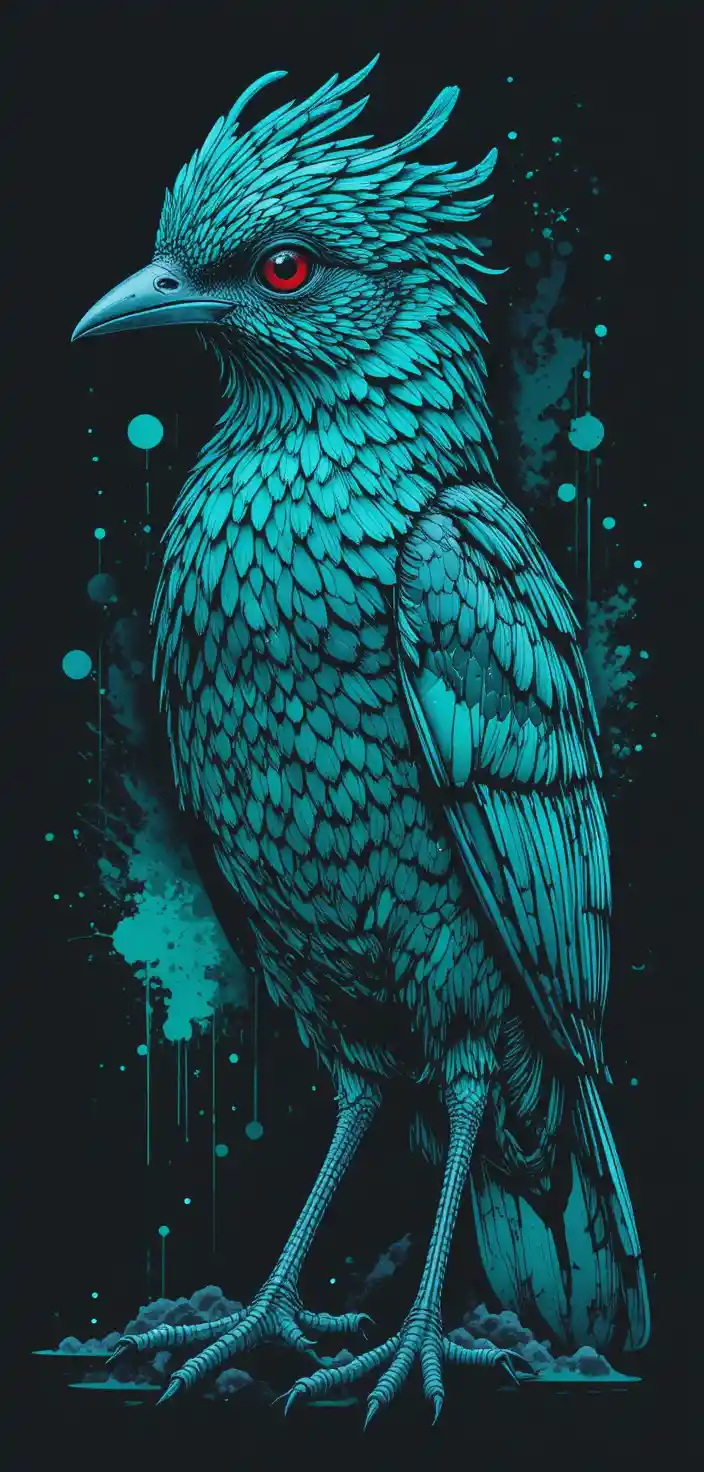 Teal and black songbird with abstract geometric backdrop