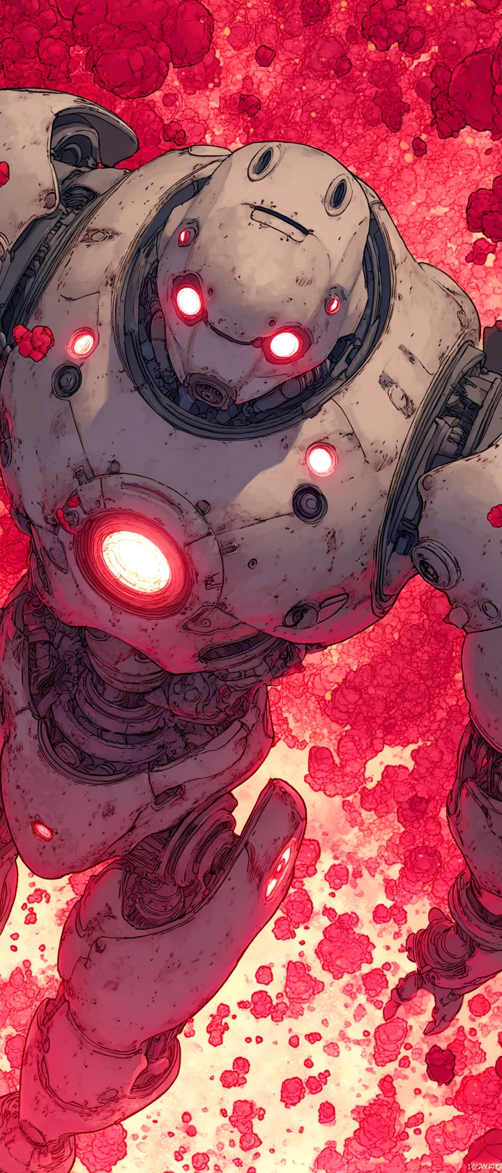 Close up of glowing mecha core in red and steel tones
