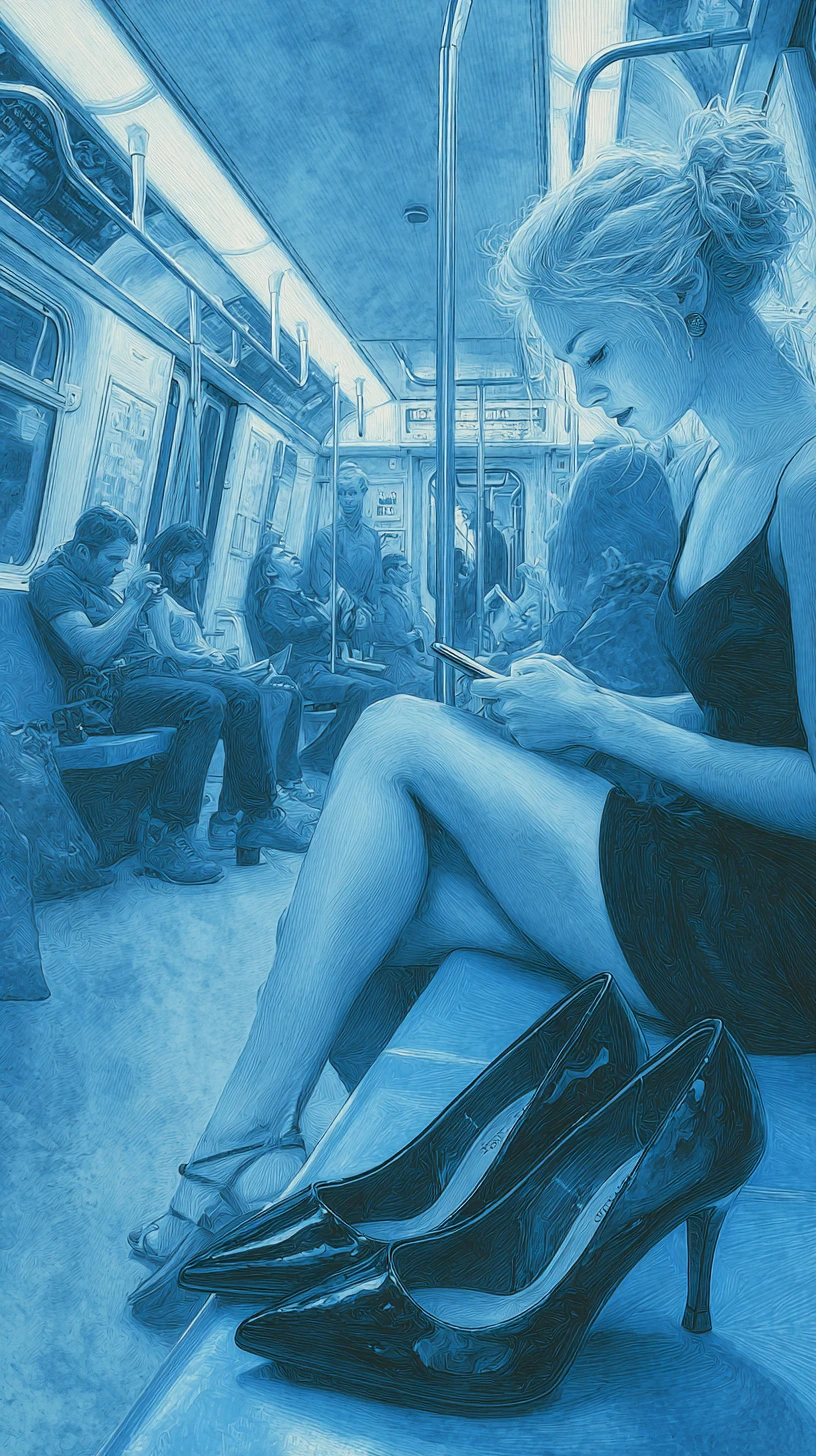 Elegant woman resting barefoot on a blue subway