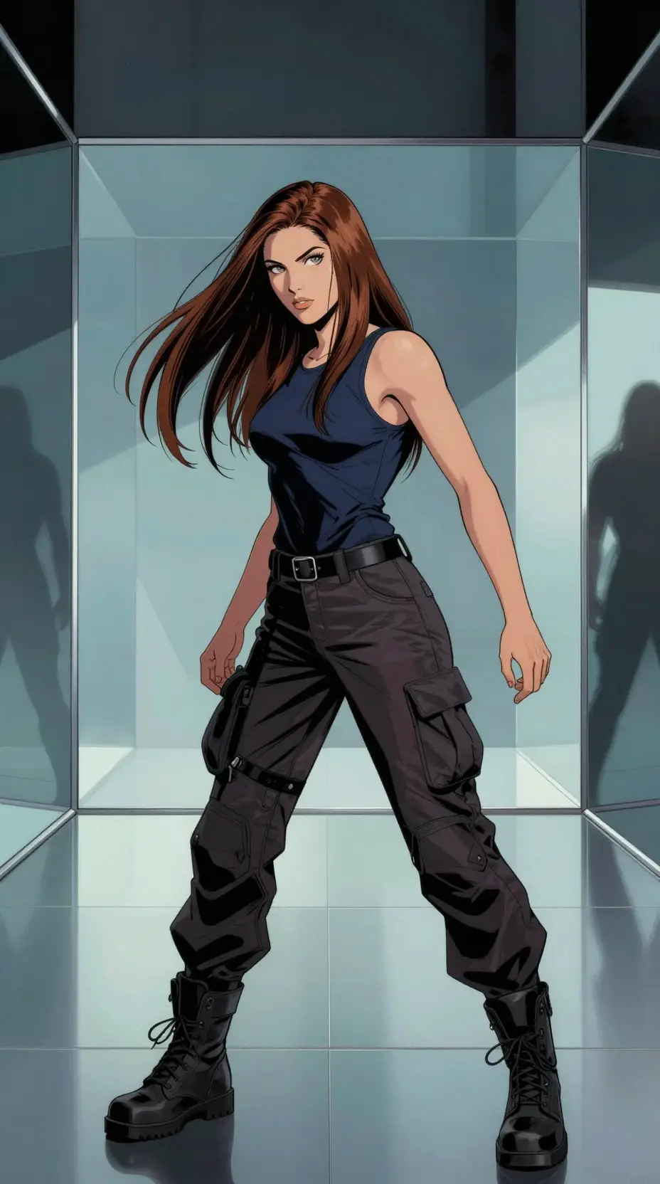 Woman in mirrored futuristic room wearing navy top and boots