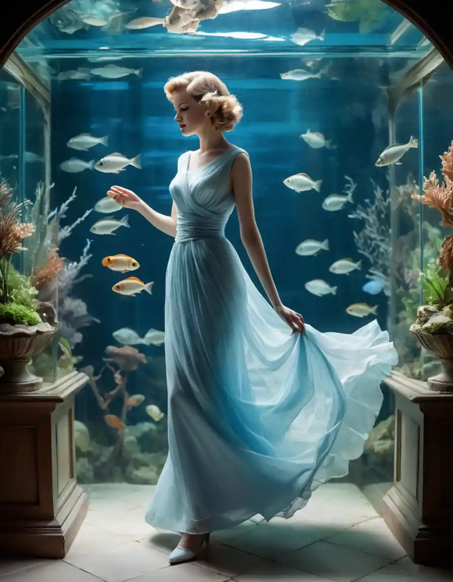 Elegant woman in vintage dress beside glowing aquarium