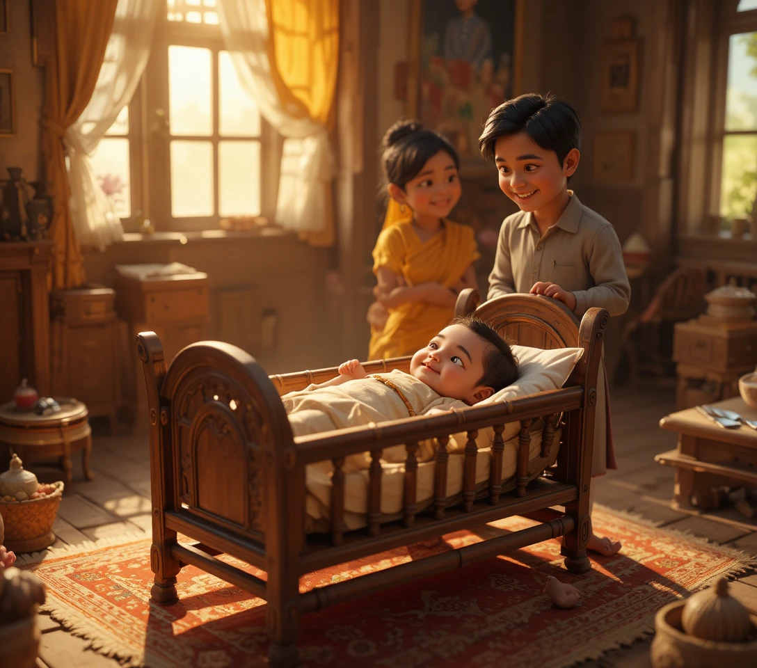 Baby in a traditional cradle with joyful parents nearby