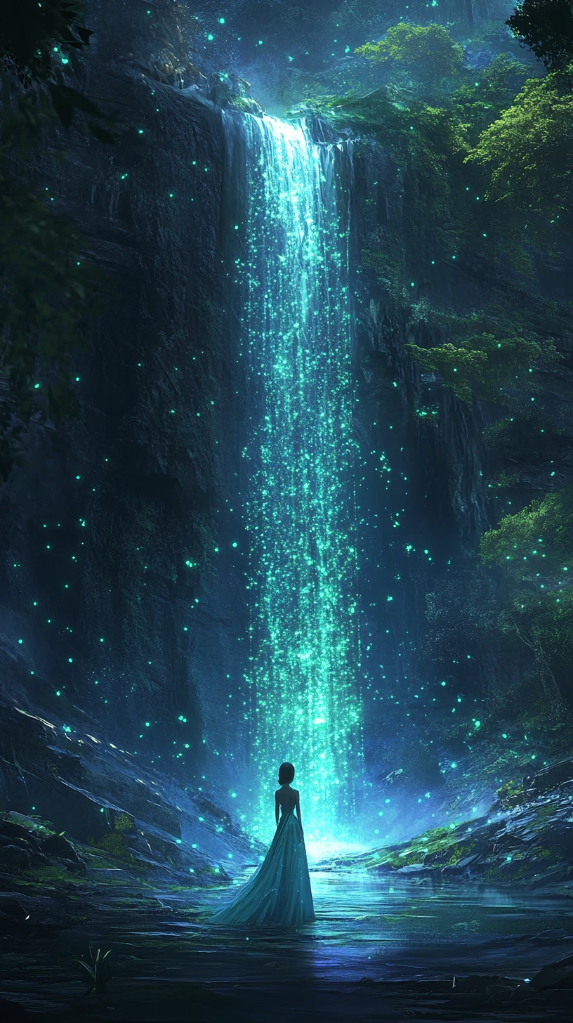 Woman in dress gazing at mystical forest waterfall