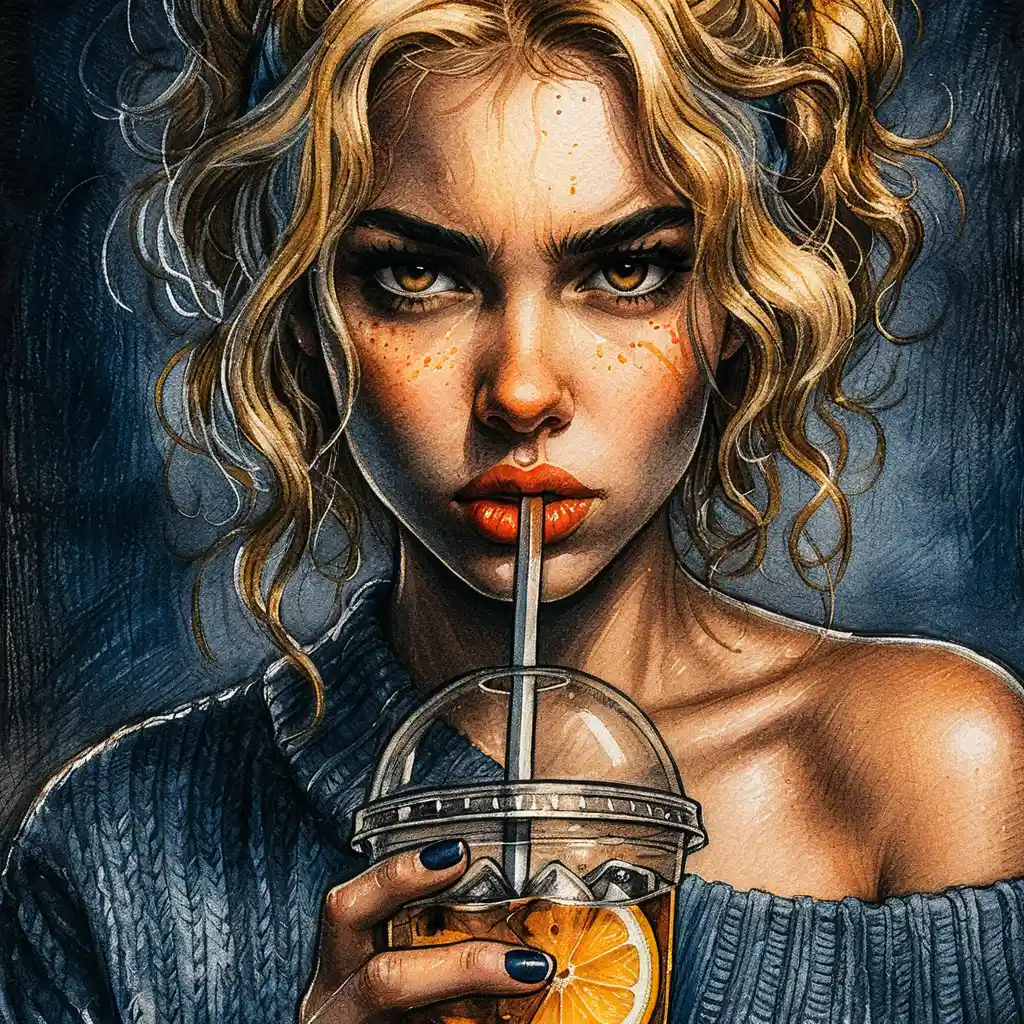 Defiant girl close up with lemonade and fierce stare