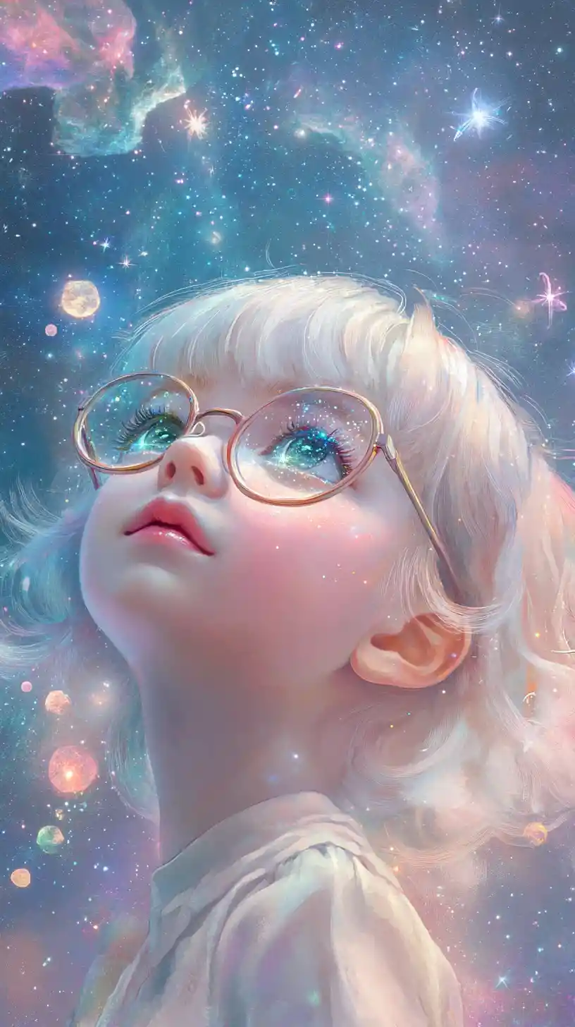 Anime girl with starry emerald eyes in dreamy galaxy sky