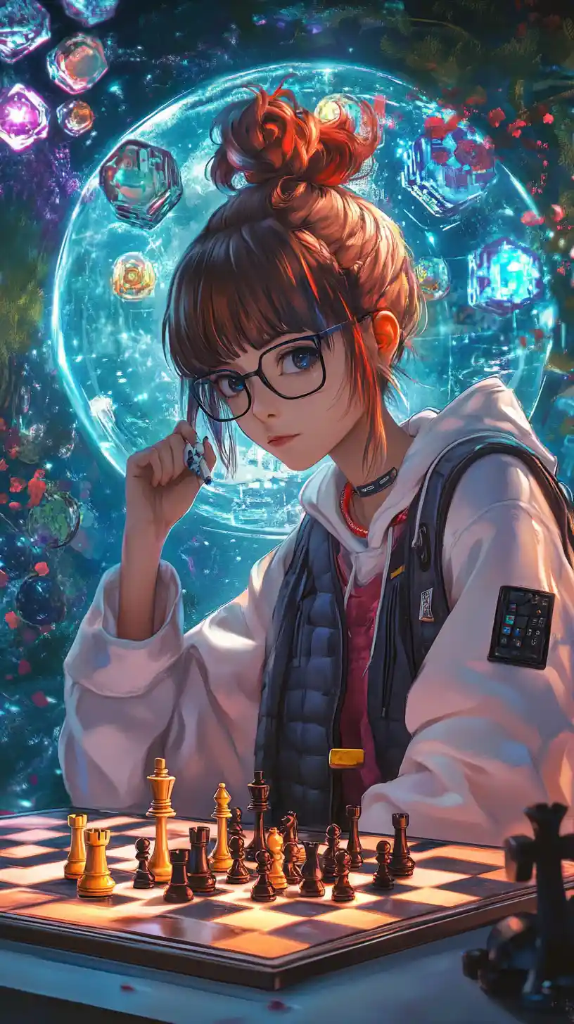 Anime girl playing chess with her reflection at a table