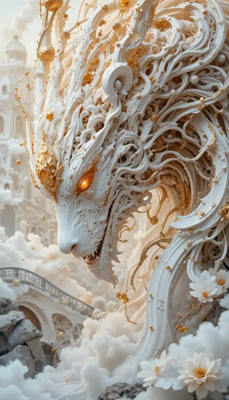 Mythical Spirit Creature Before A White Fantasy Palace