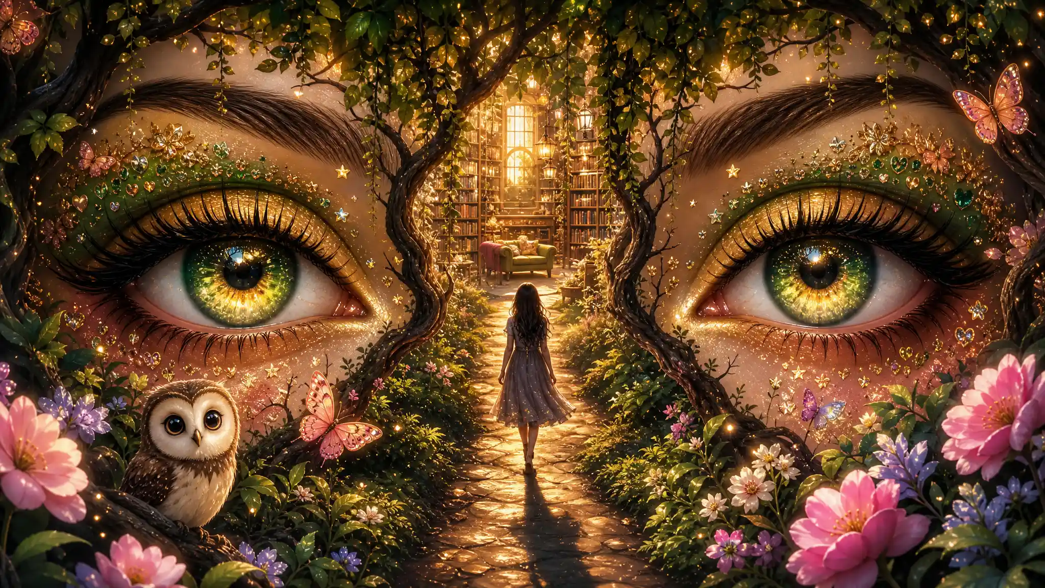 Surreal close up portrait of sparkling kawaii emerald eyes