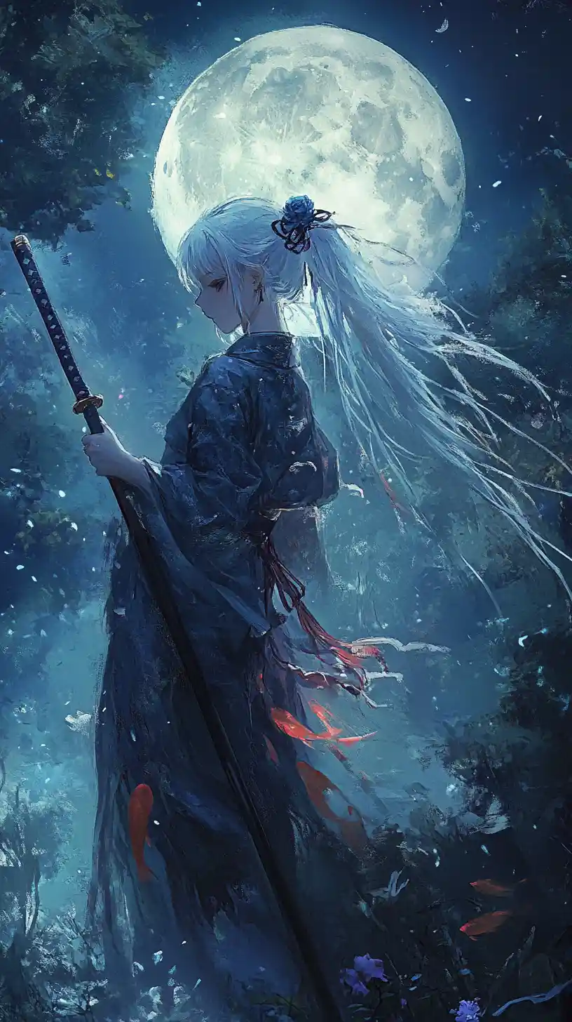 Anime girl running with a spear under the full moon