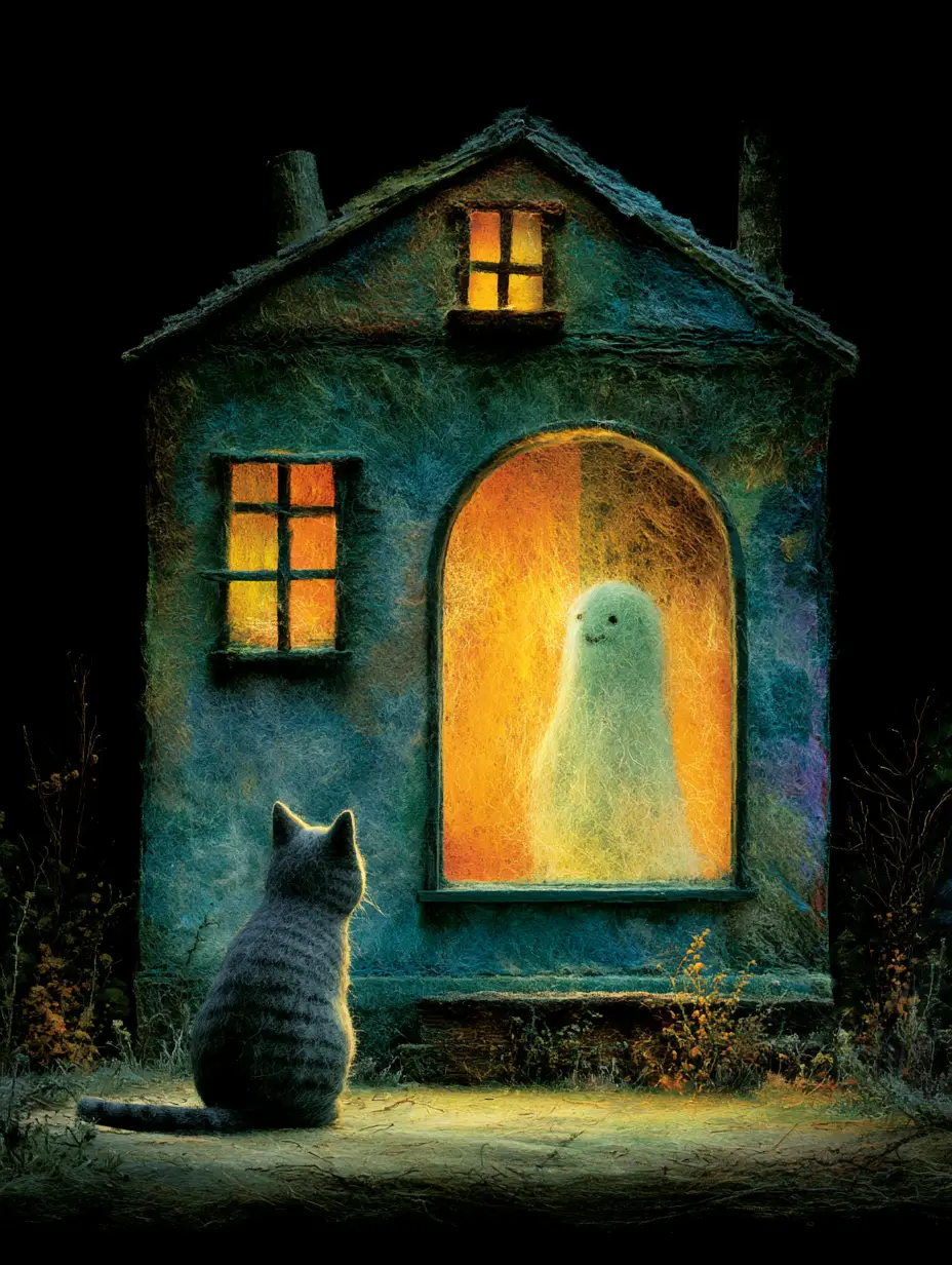 Felted cat visiting a cheerful ghost in haunted house