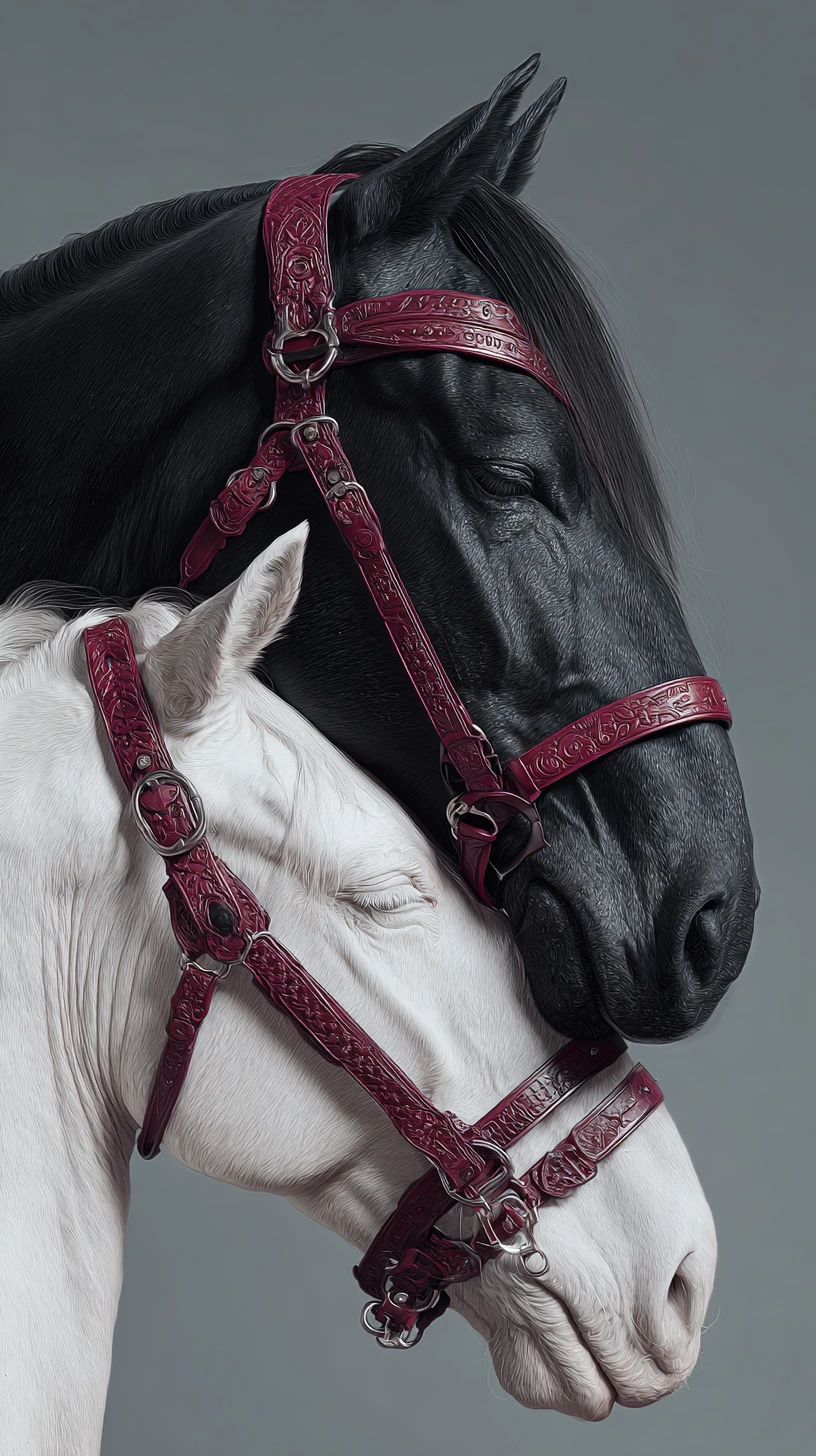 Tender close up portrait of intertwined black and white horses