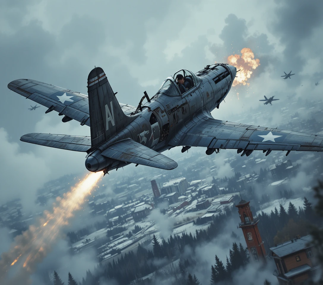 Damaged warplane in midair battle over winter landscape