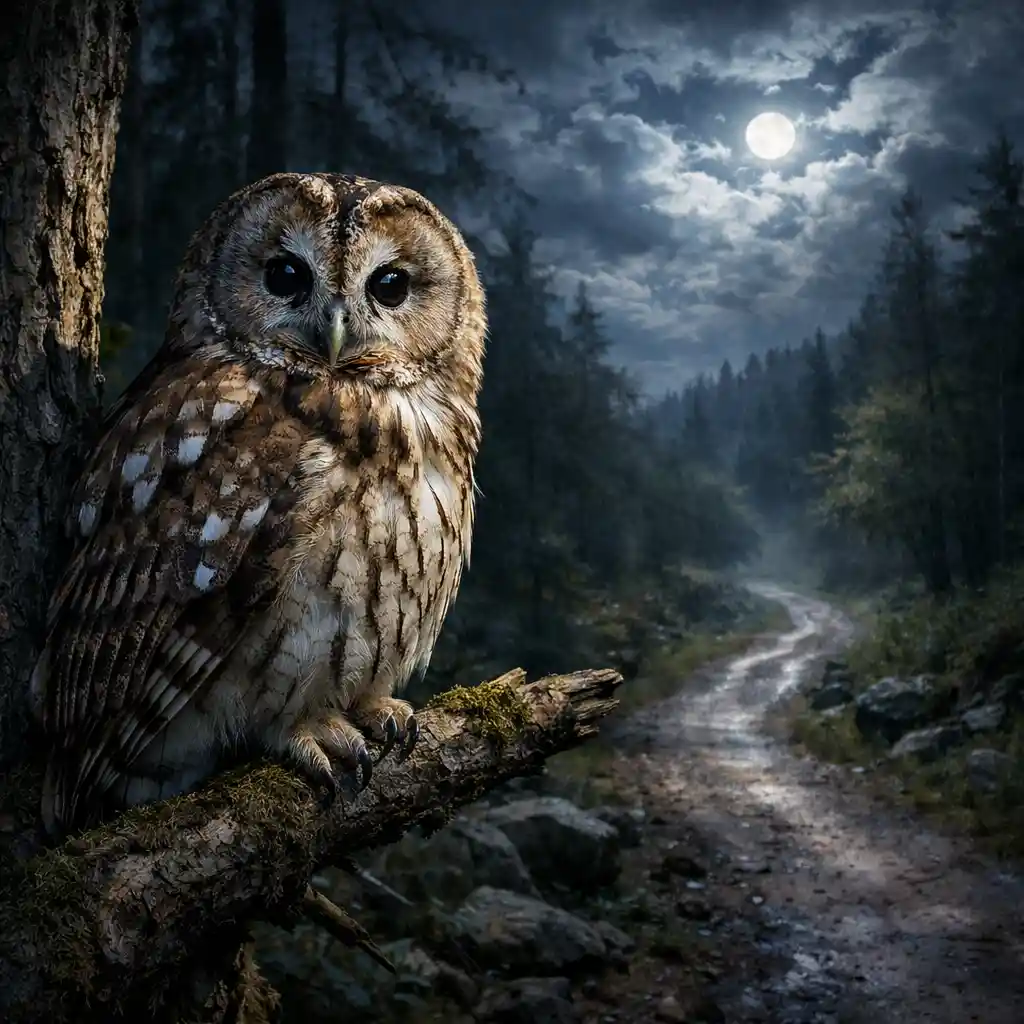 Owl On Forest Path Under Cloudy Night Sky