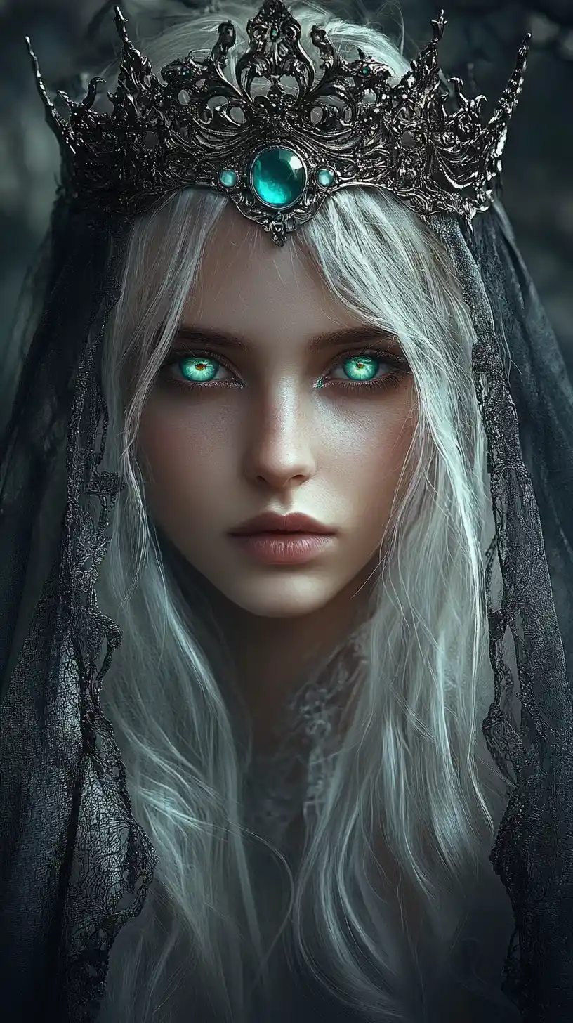 Ethereal crowned woman in veiled forest close up portrait