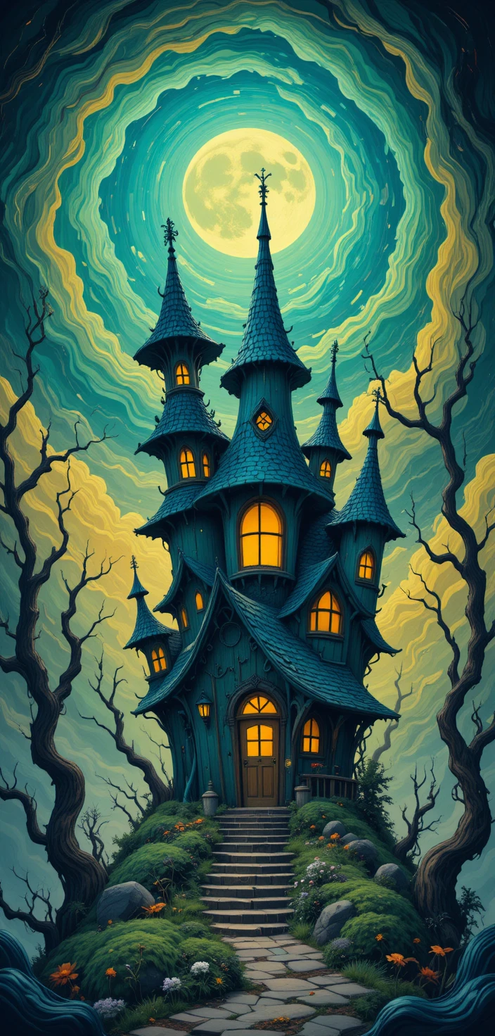 Whimsical witch house under a swirling colorful sky