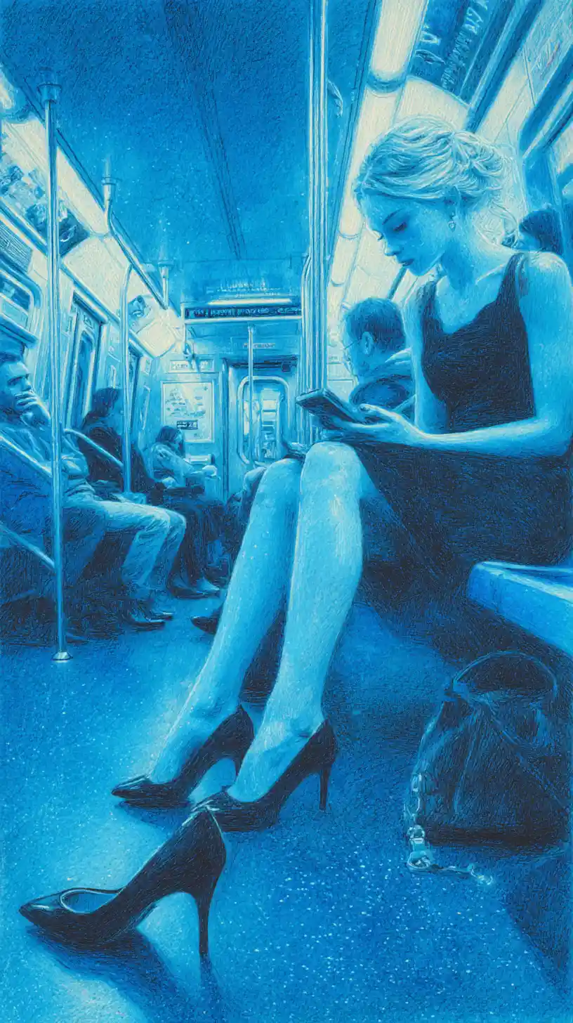 Elegant woman on subway absorbed in her smartphone