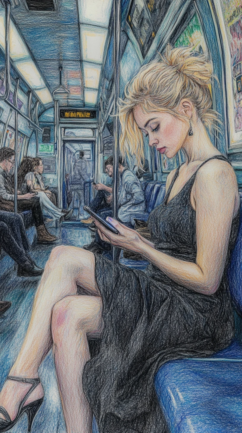 Elegant woman resting barefoot on a subway seat