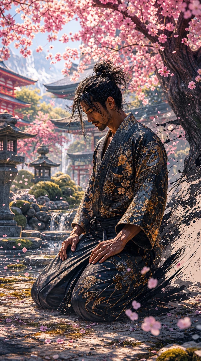 Aikido martial artist kneeling in a blooming Japanese garden