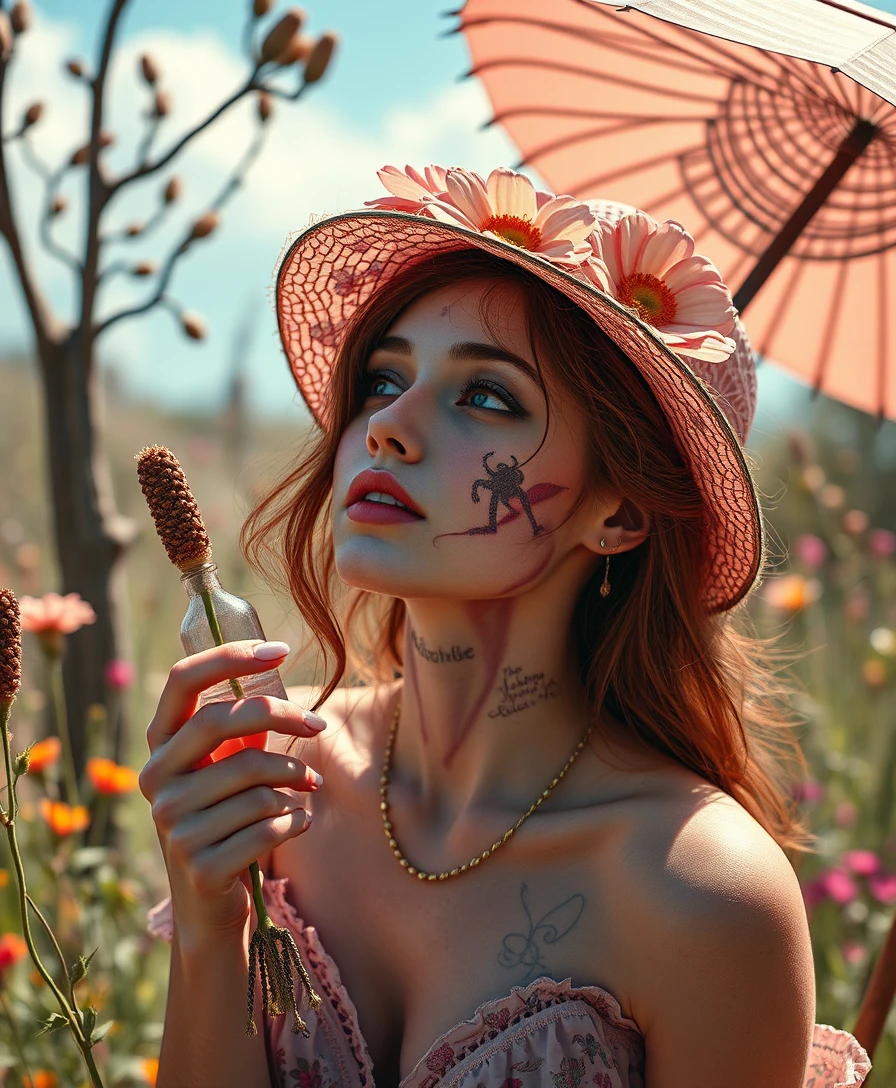 Surreal summer woman in a whimsical eerie fantasy scene