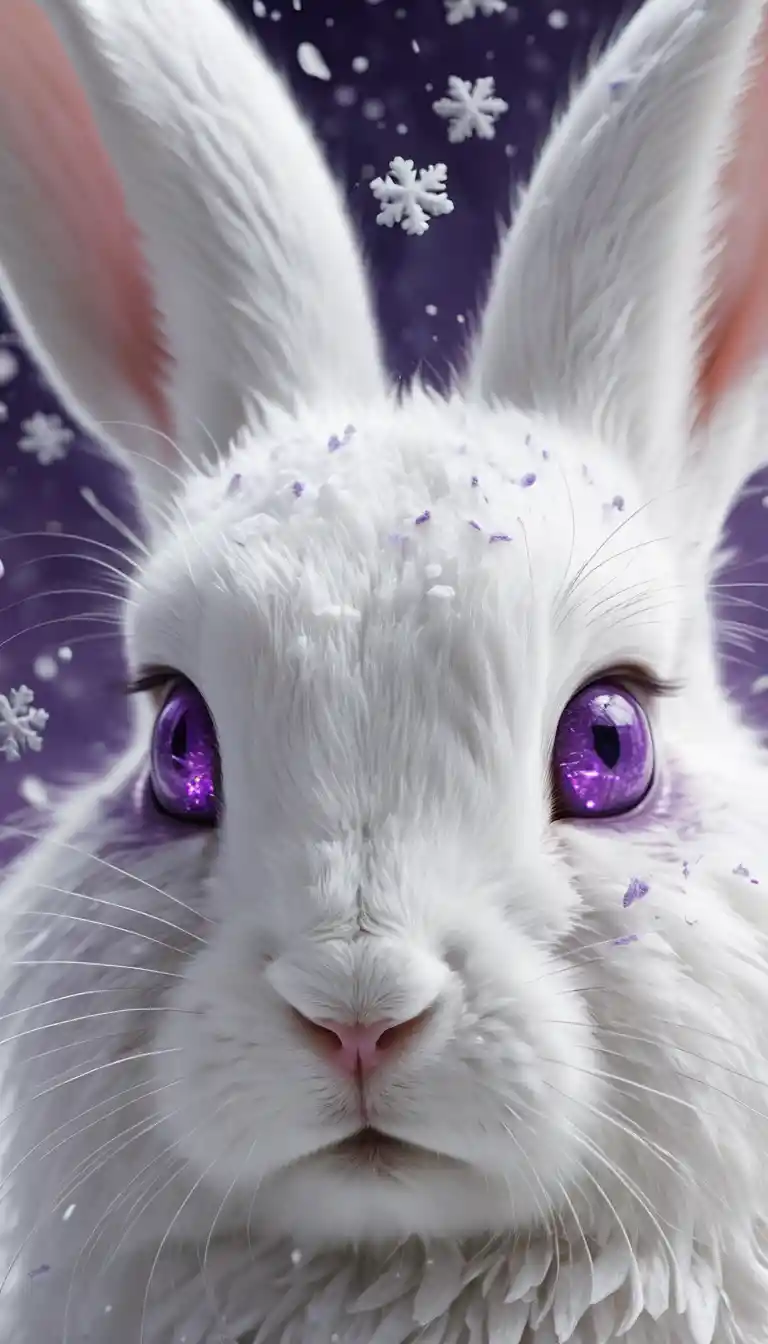Close up white rabbit face dissolving into snowy vortex