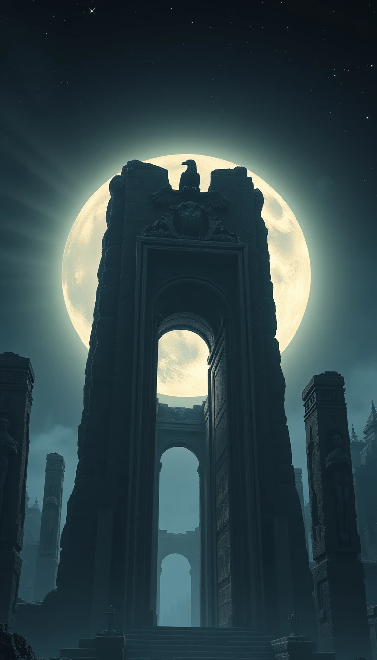 Ancient stone monolith beneath a glowing full moon