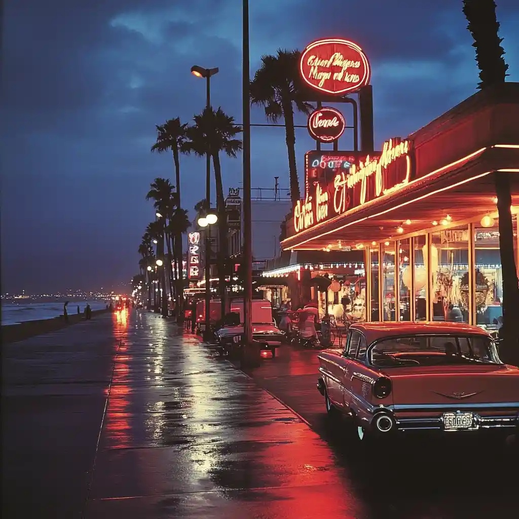 Sunny vintage California street with glowing diner lights