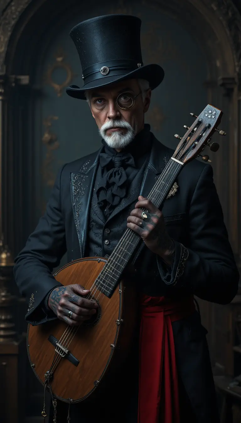 Gothic steampunk man with lute in dramatic portrait