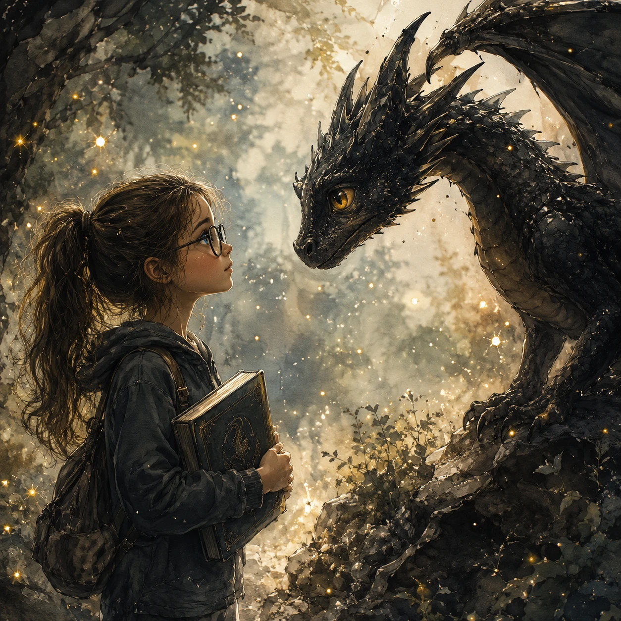 Mädchen und Babydrache treffen sich in einem leuchtenden Fantasy-Wald