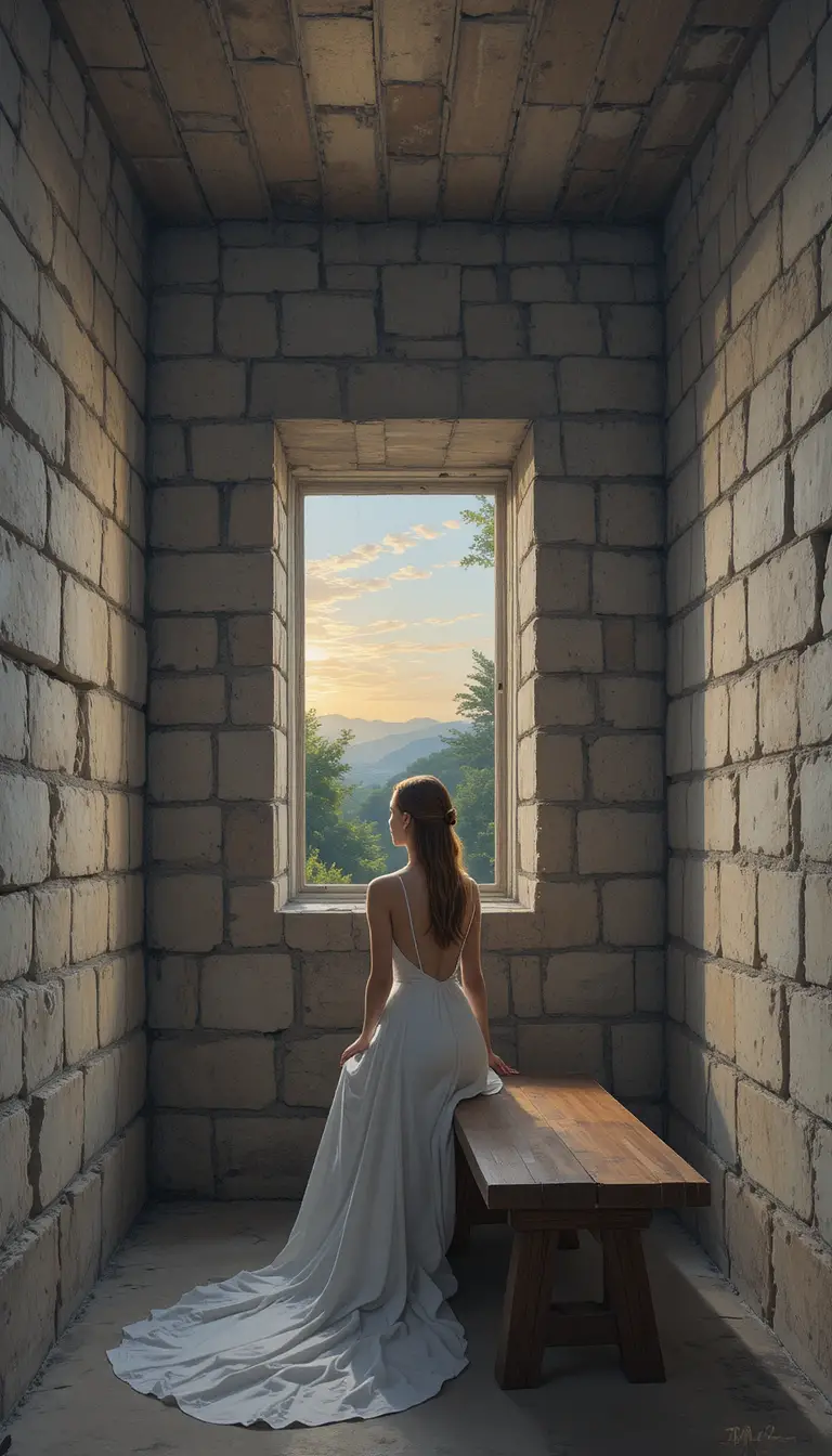 Woman on wooden bench facing stone room window