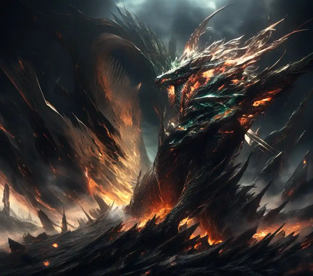 Ancient green dragon on shattered trees in a snowstorm