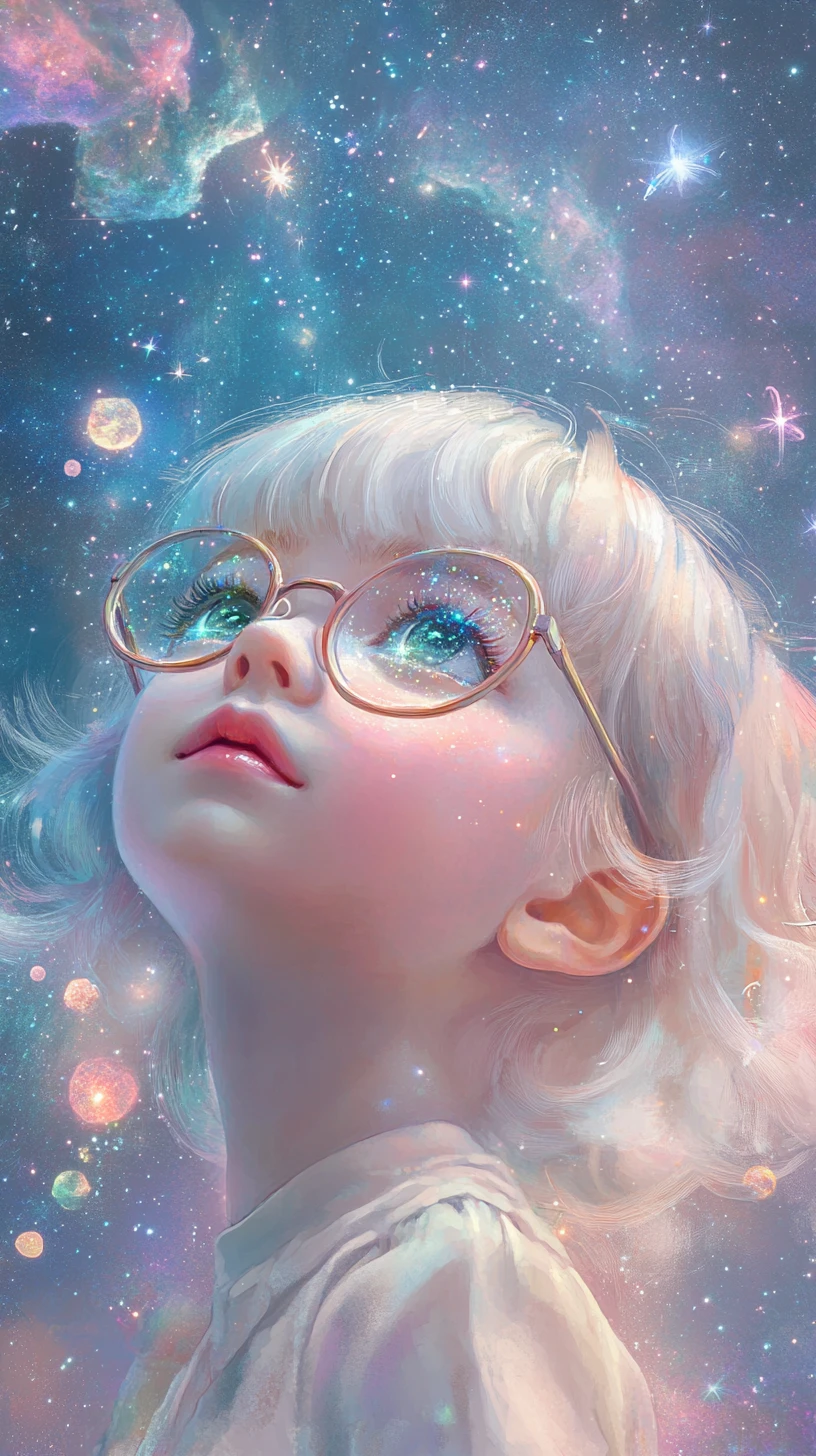 Garota de anime com olhos esmeralda estrelados em um céu de galáxia dos sonhos