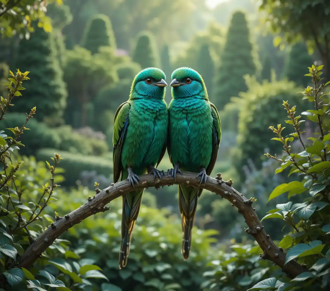 Uccelli verde smeraldo posati insieme in un lussureggiante giardino