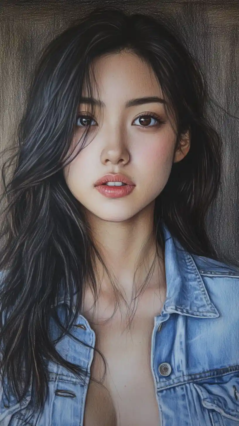 Intense close up color pencil portrait of young woman