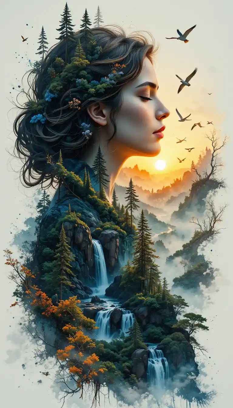 Serene Woman Merging With Enchanted Forest Landscape