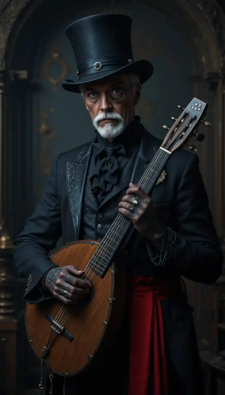 Gothic steampunk man with lute in dramatic portrait