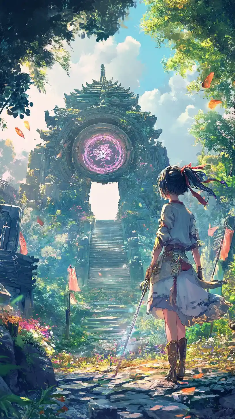 Anime girl walking through a field of shimmering crystal flowers