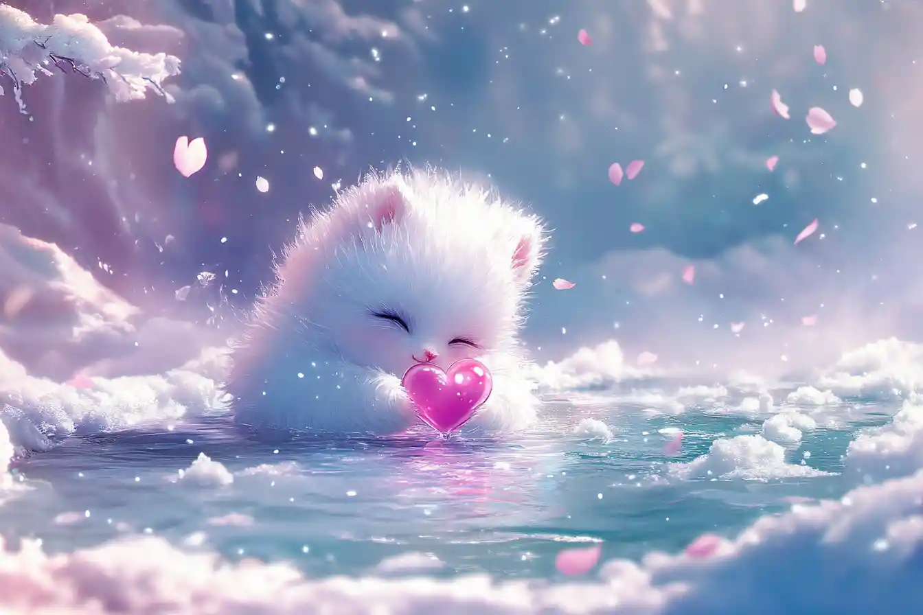 Cute baby yeti cuddling a glowing heart in icy pool