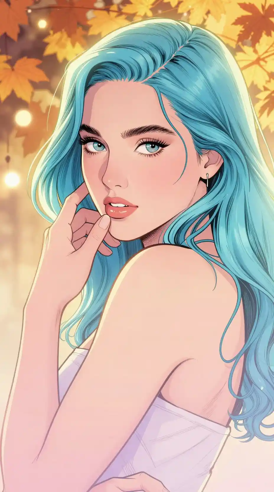Watercolor girl portrait touching her face in bright tones