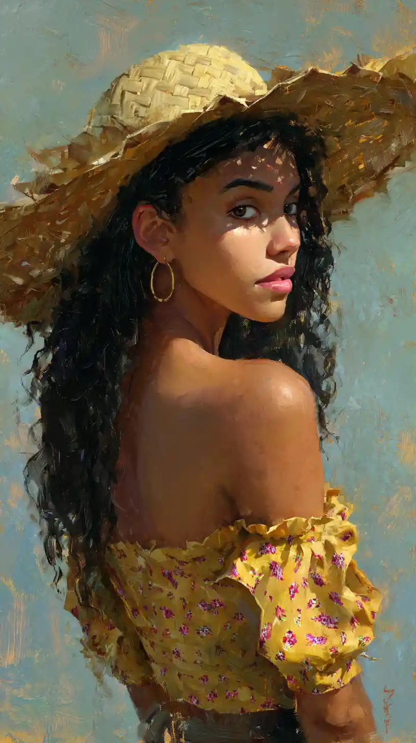 Young woman in straw hat turning over her shoulder