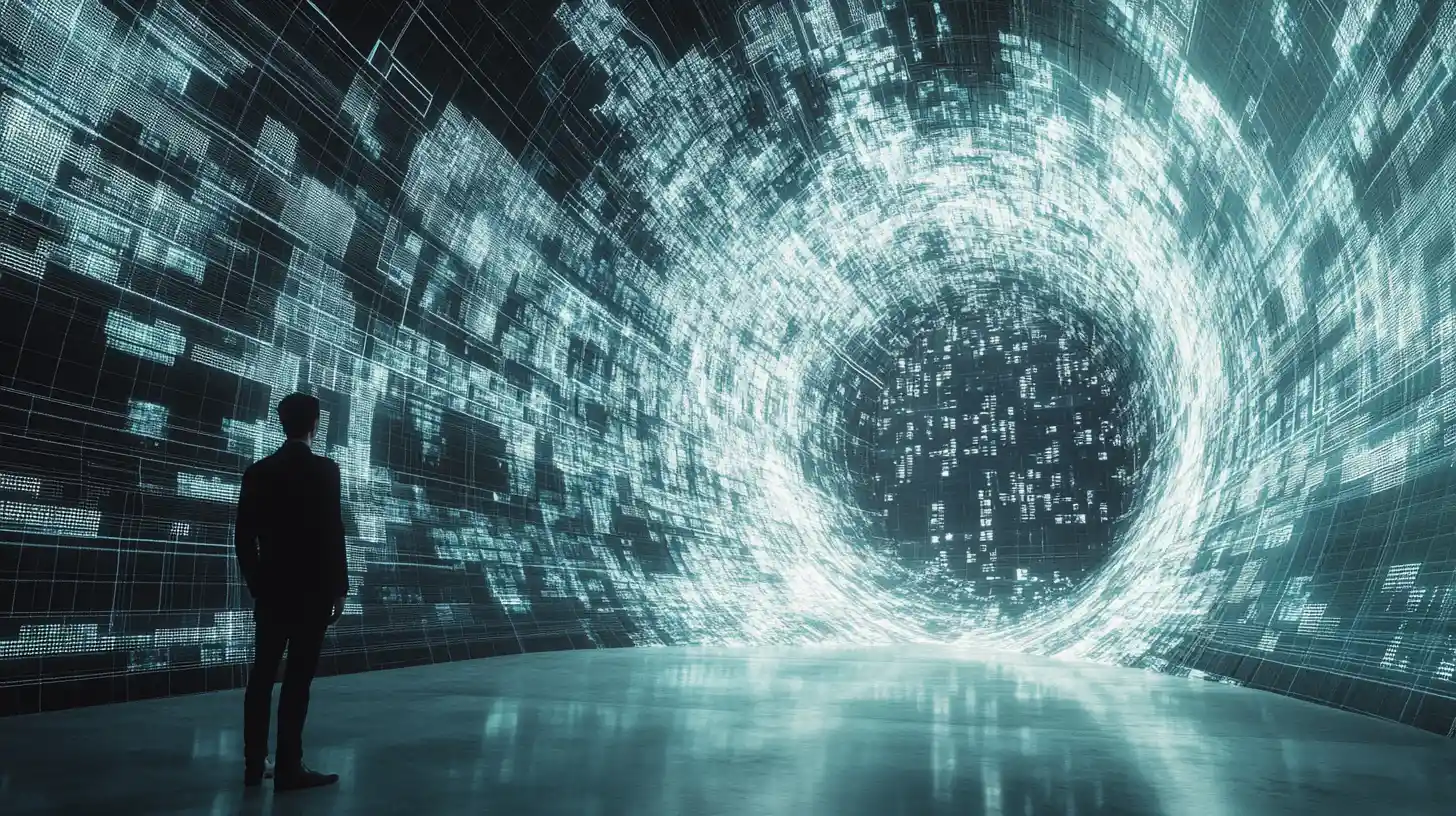 Data vortex collapsing into a single luminous dashboard plane