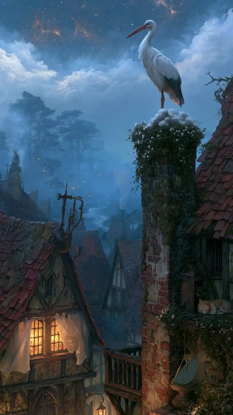 White stork guarding her nest above a medieval village