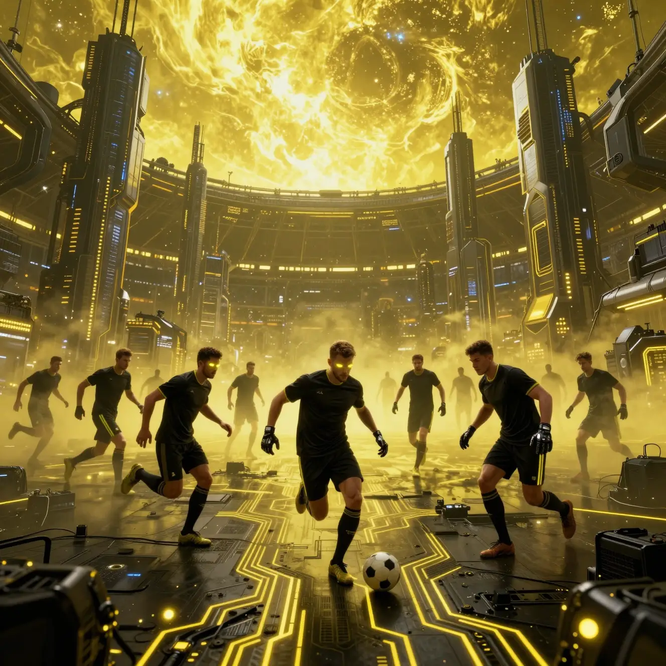 Futuristische Fußballspieler in einem riesigen Sci‑Fi‑Stadtstadion