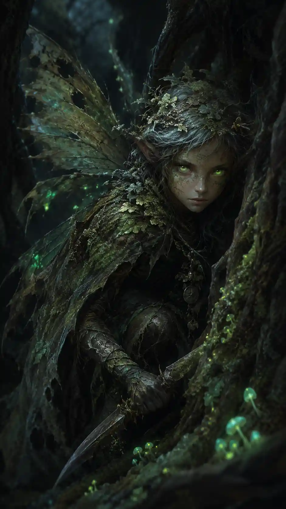 Stealthy Fairy Warrior Hiding Among Ancient Forest Roots