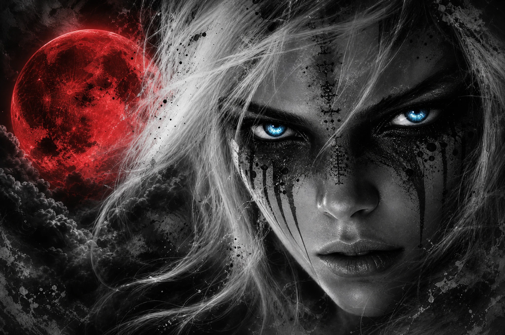 Ghostly woman portrait under a luminous blood moon