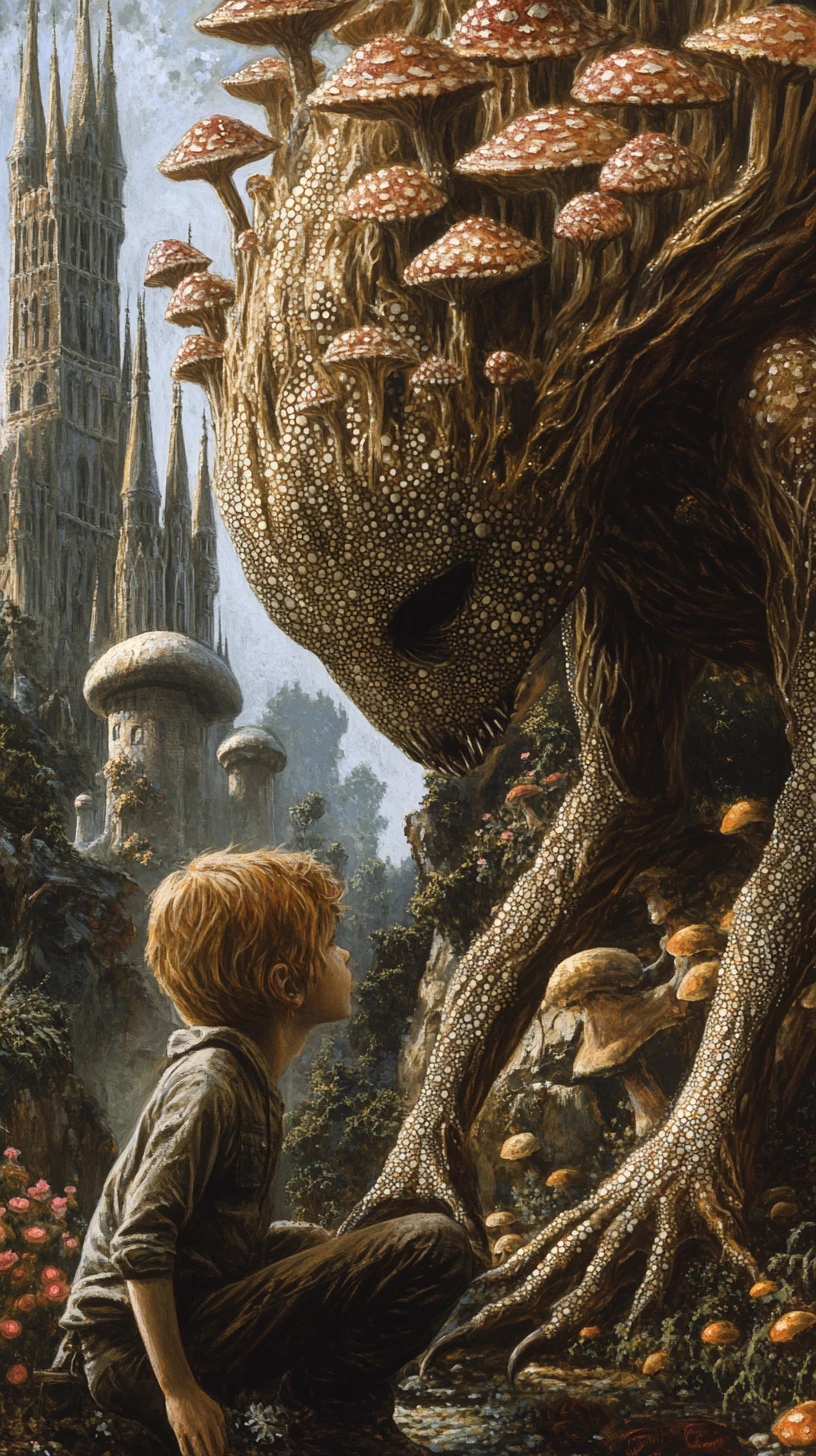 Humanoid petal faced creature kneeling toward a child